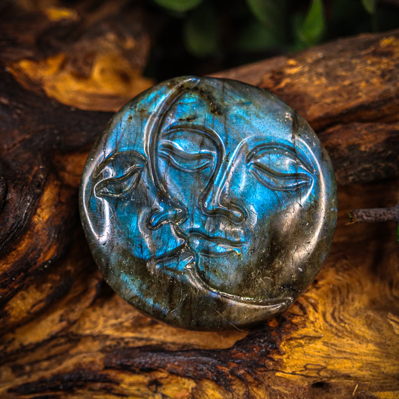 Labradorite Carved Sun and Moon Token