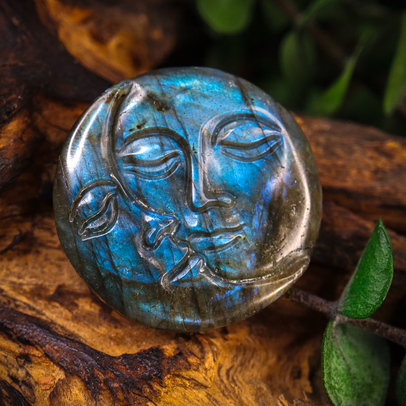 Labradorite Carved Sun and Moon Token