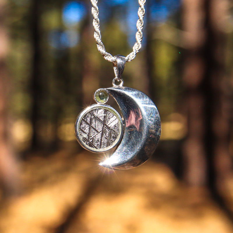 Meteorite and Moldavite Moon Pendant