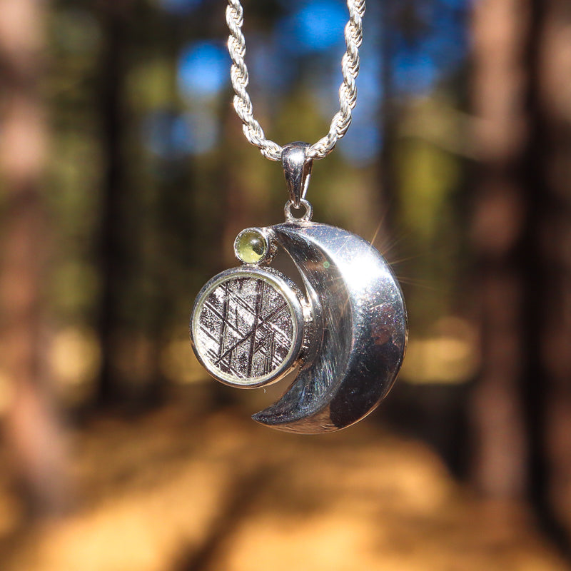 Meteorite and Moldavite Moon Pendant
