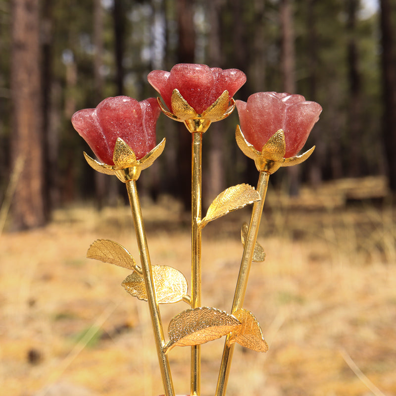 Strawberry Quartz Carved Rose with Stem