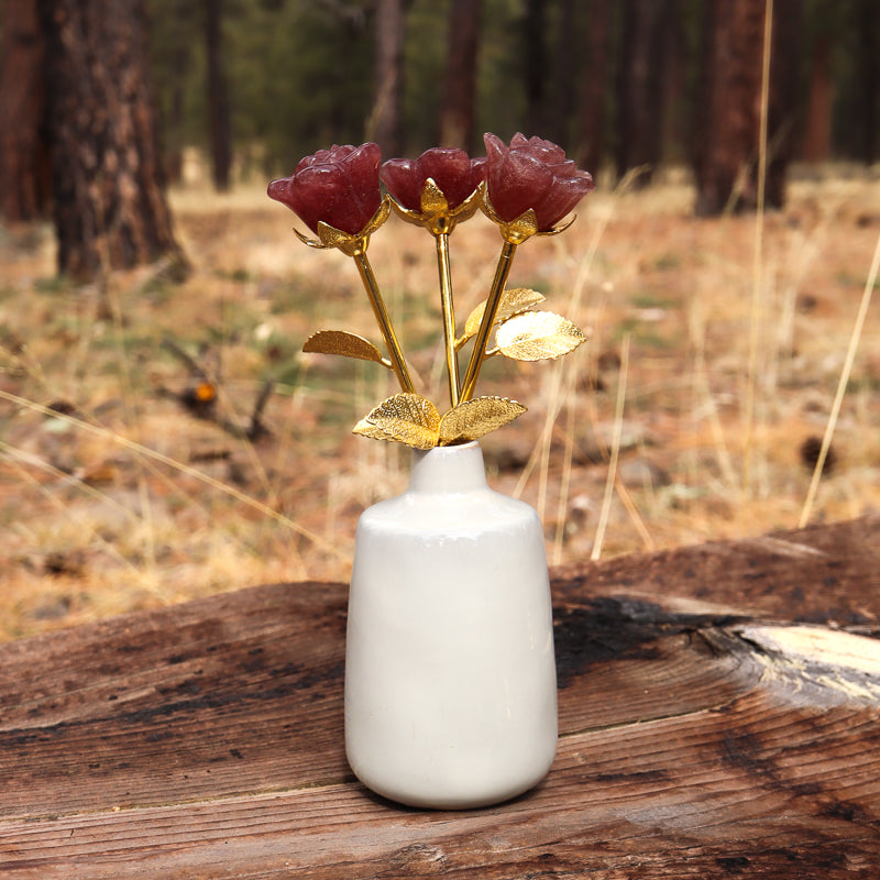 Strawberry Quartz Carved Rose with Stem