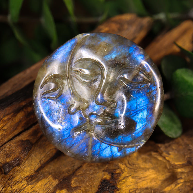 Labradorite Carved Sun and Moon Token