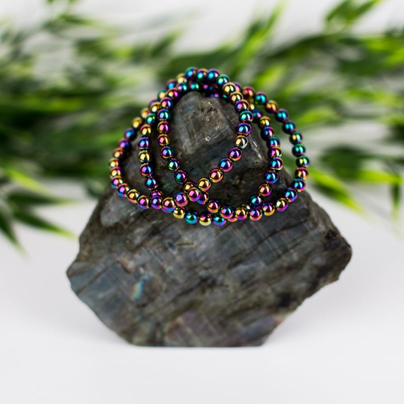Rainbow Hematite Bead Bracelet: 8 mm Round Crystals (Premium Grade Stretch  Gemstone Bracelet) (Iridescent Hematite)