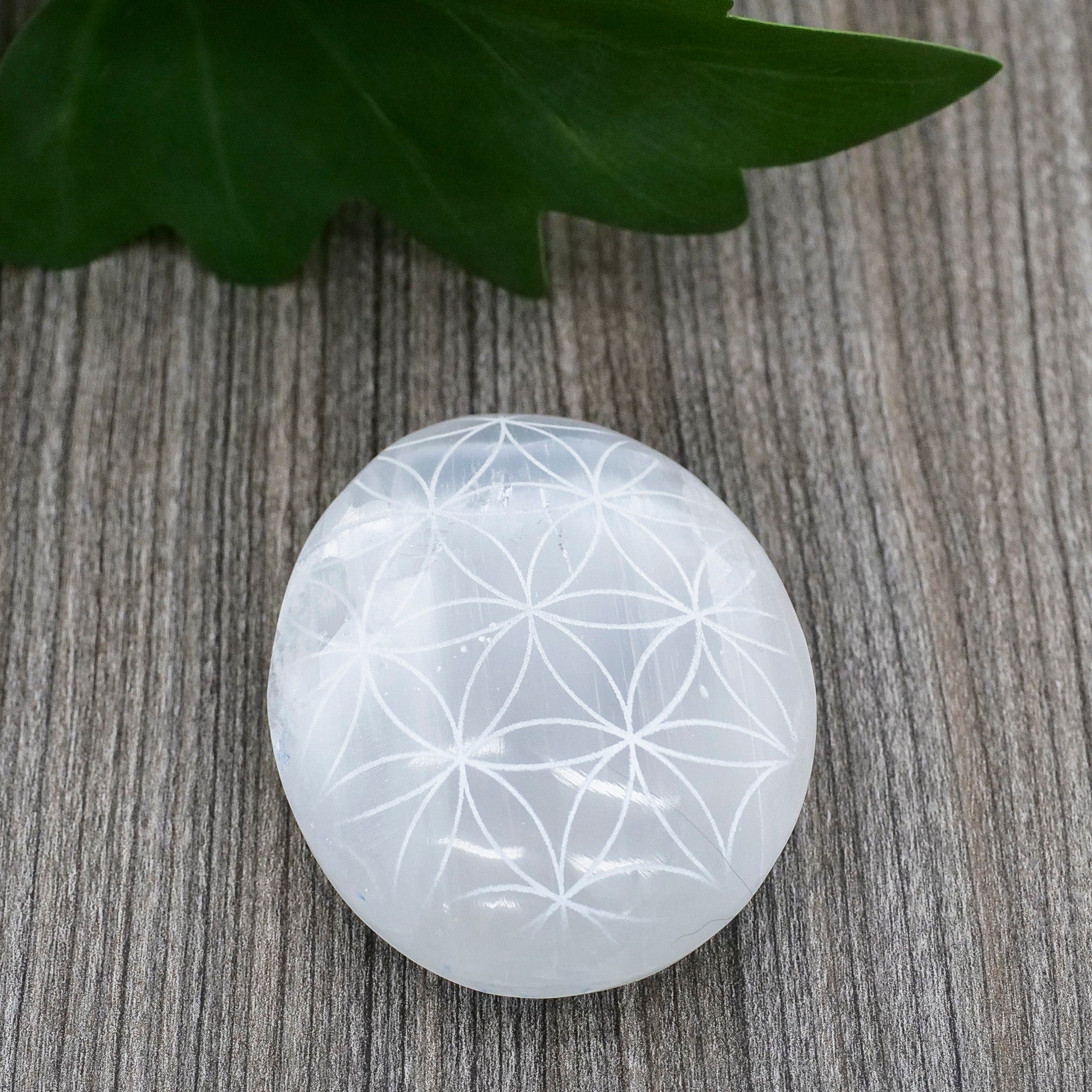 Etched Selenite Palm Stone Crystal Palm Stones Aquarius Flower Of Life