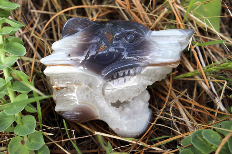 Gray Banded Agate Tiger with Quartz Crystal Carvings Crystal Magic online