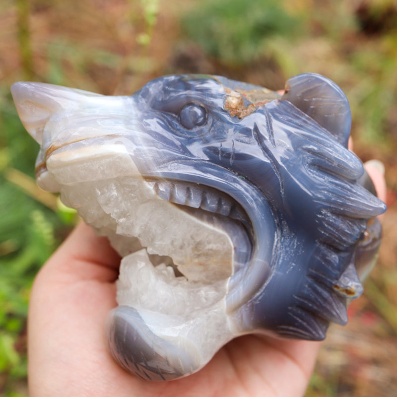 Gray Banded Agate Tiger with Quartz Crystal Carvings Crystal Magic online