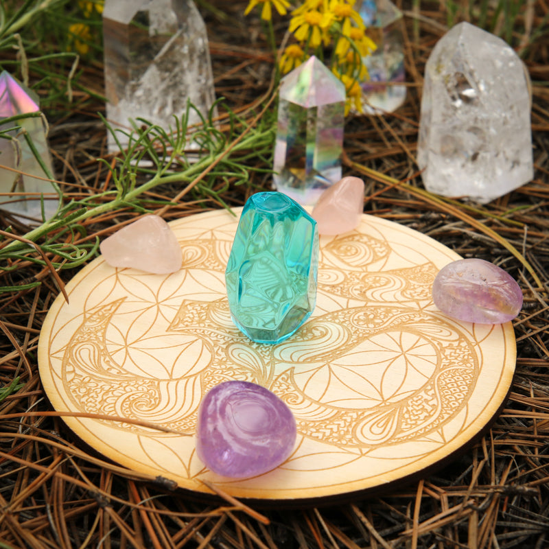 Om on Flower of LIfe Crystal Grid Gifts & Decor Zen and Meow