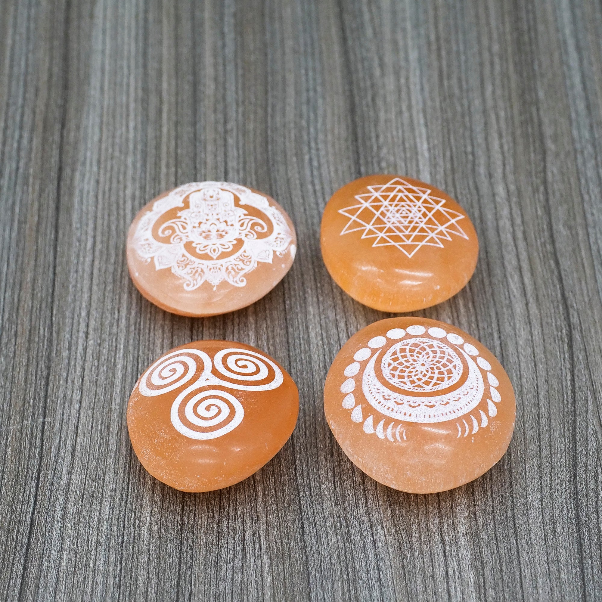 Etched Peach Selenite Palm Stone Crystal Palm Stones Aquarius