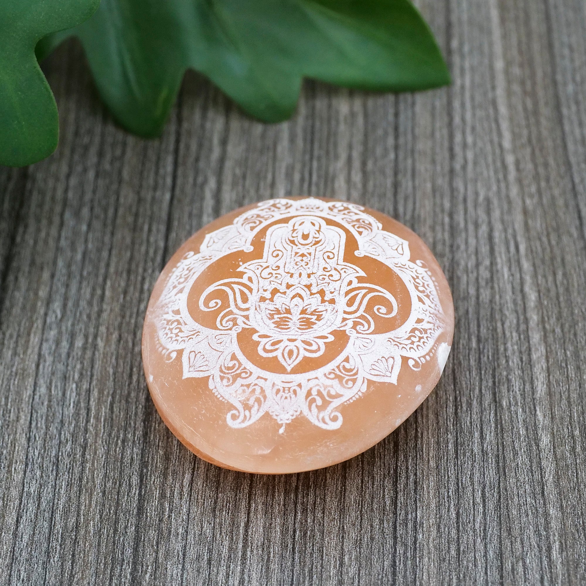 Etched Peach Selenite Palm Stone Crystal Palm Stones Aquarius Hamsa Mandala