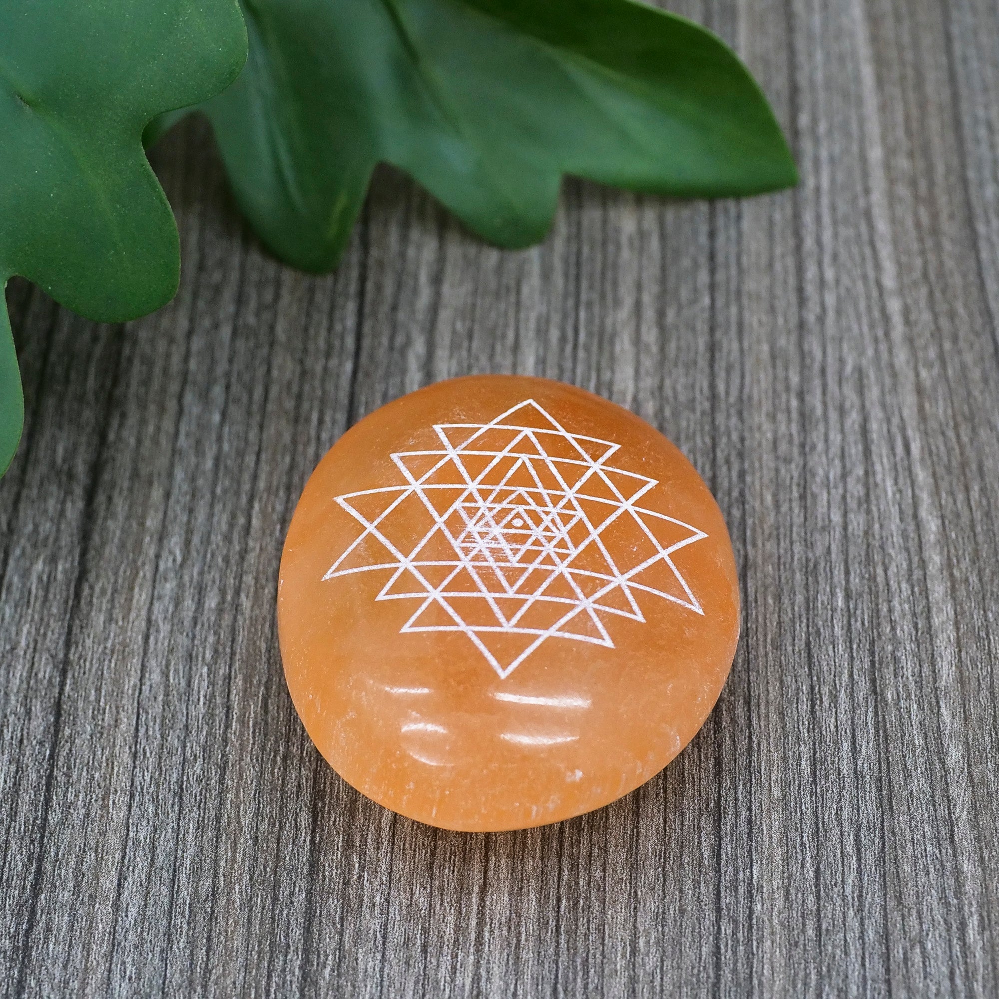 Etched Peach Selenite Palm Stone Crystal Palm Stones Aquarius Sri Yantra
