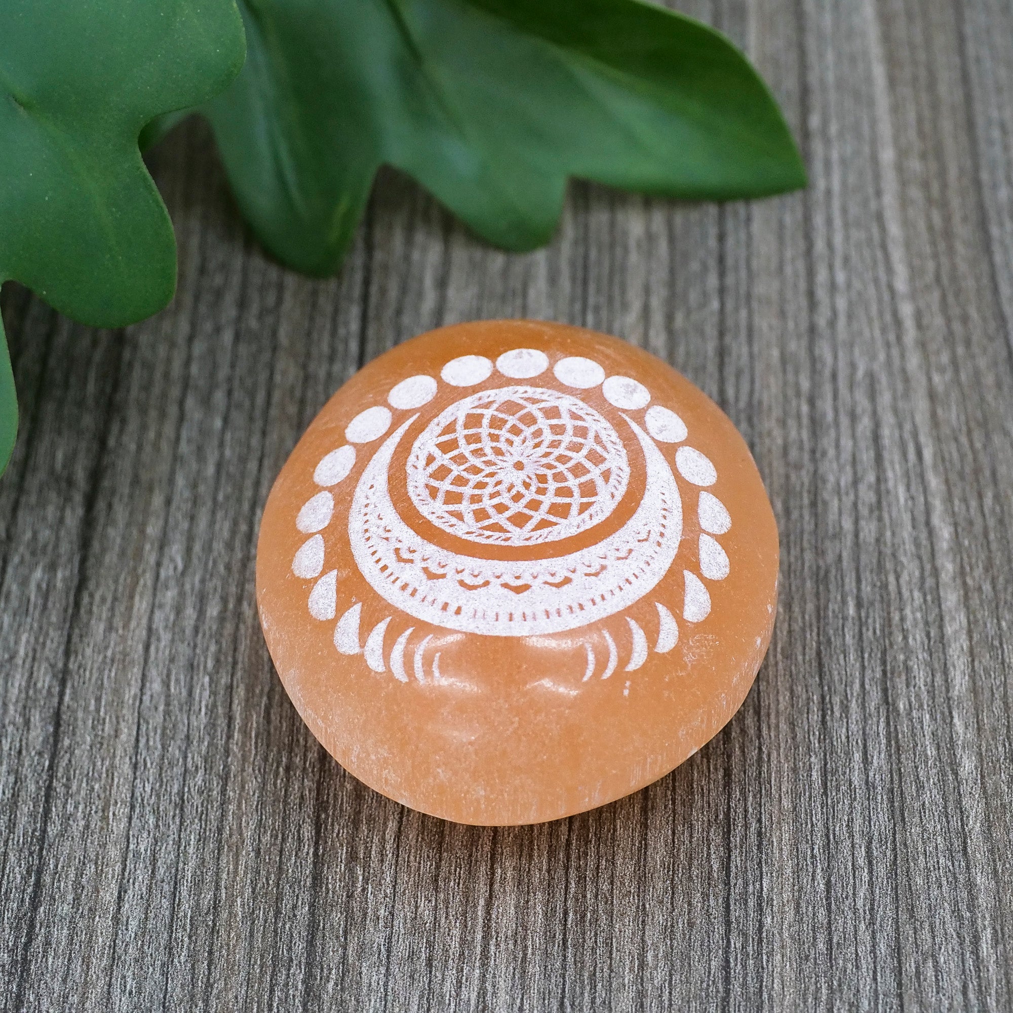 Etched Peach Selenite Palm Stone Crystal Palm Stones Aquarius Manifest Moon
