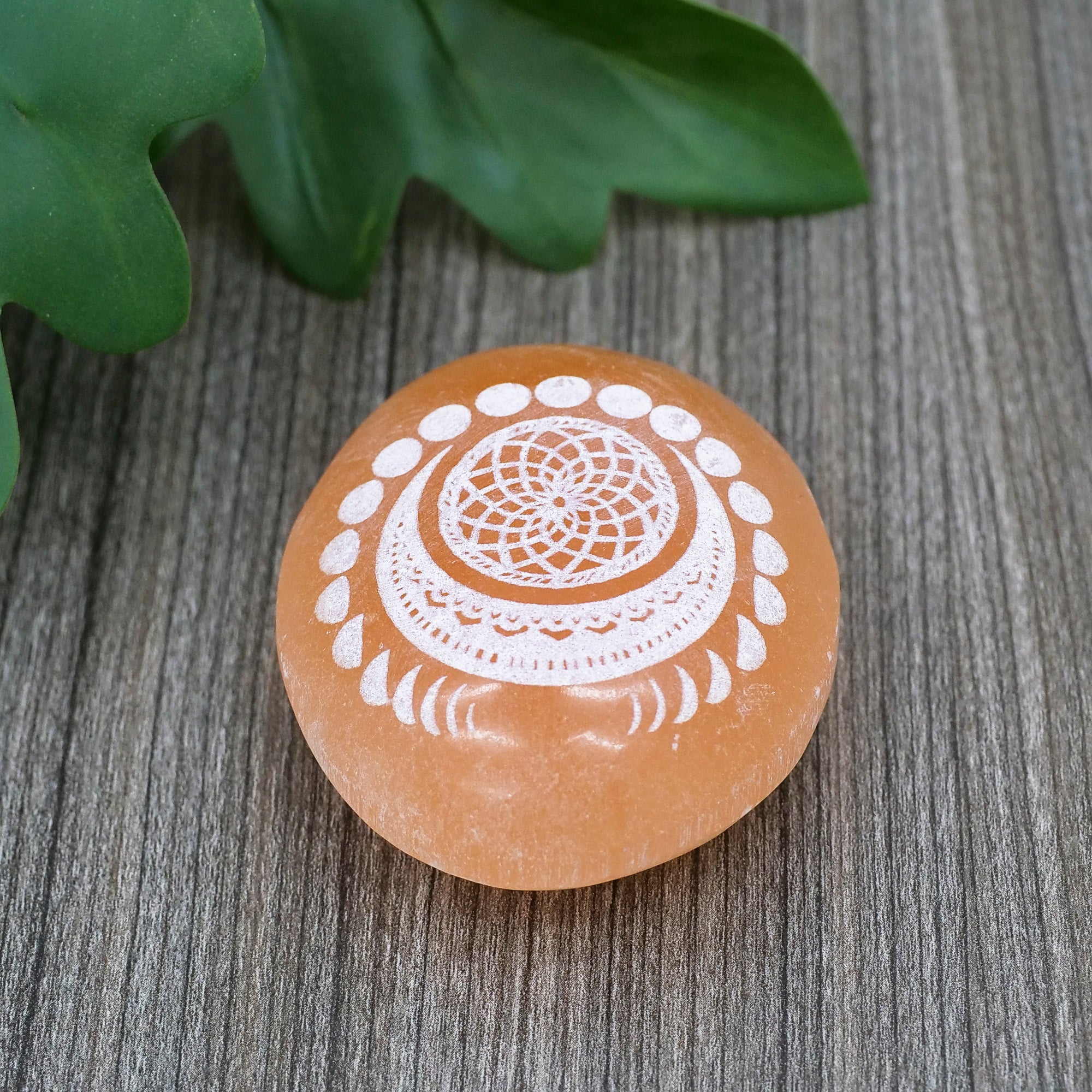 Etched Peach Selenite Palm Stone Crystal Palm Stones Aquarius Manifest Moon 