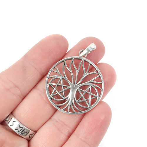 Sterling Silver Tree of Life with Pentagrams Pendant Jewelry: Pendant Crystal Magic 