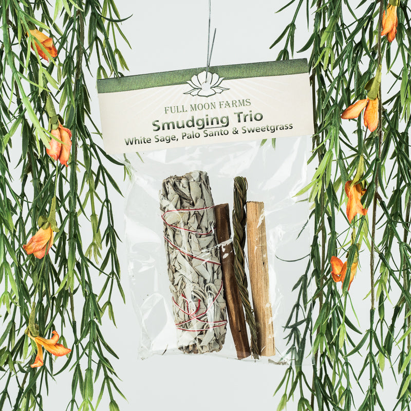 Smudging Trio-White Sage, Palo Santo, & Sweet Grass Incense Full Moon Farms 