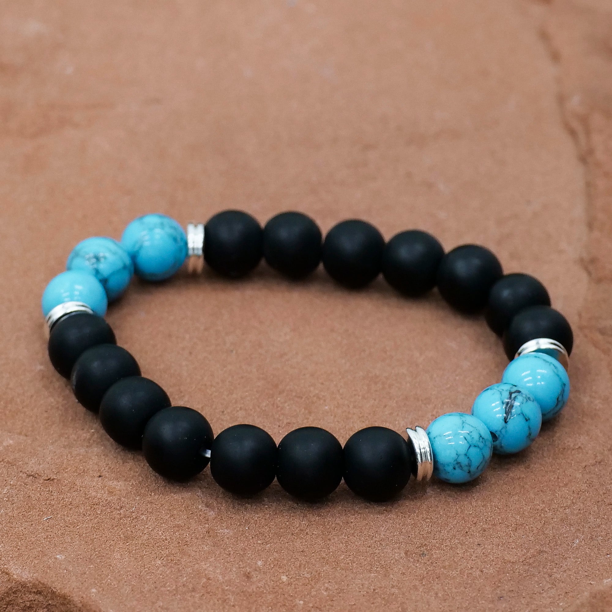 Mens Gemstone Bracelet Jewelry: Bracelet Milk and Honey Black Matte Agate/Turquoise