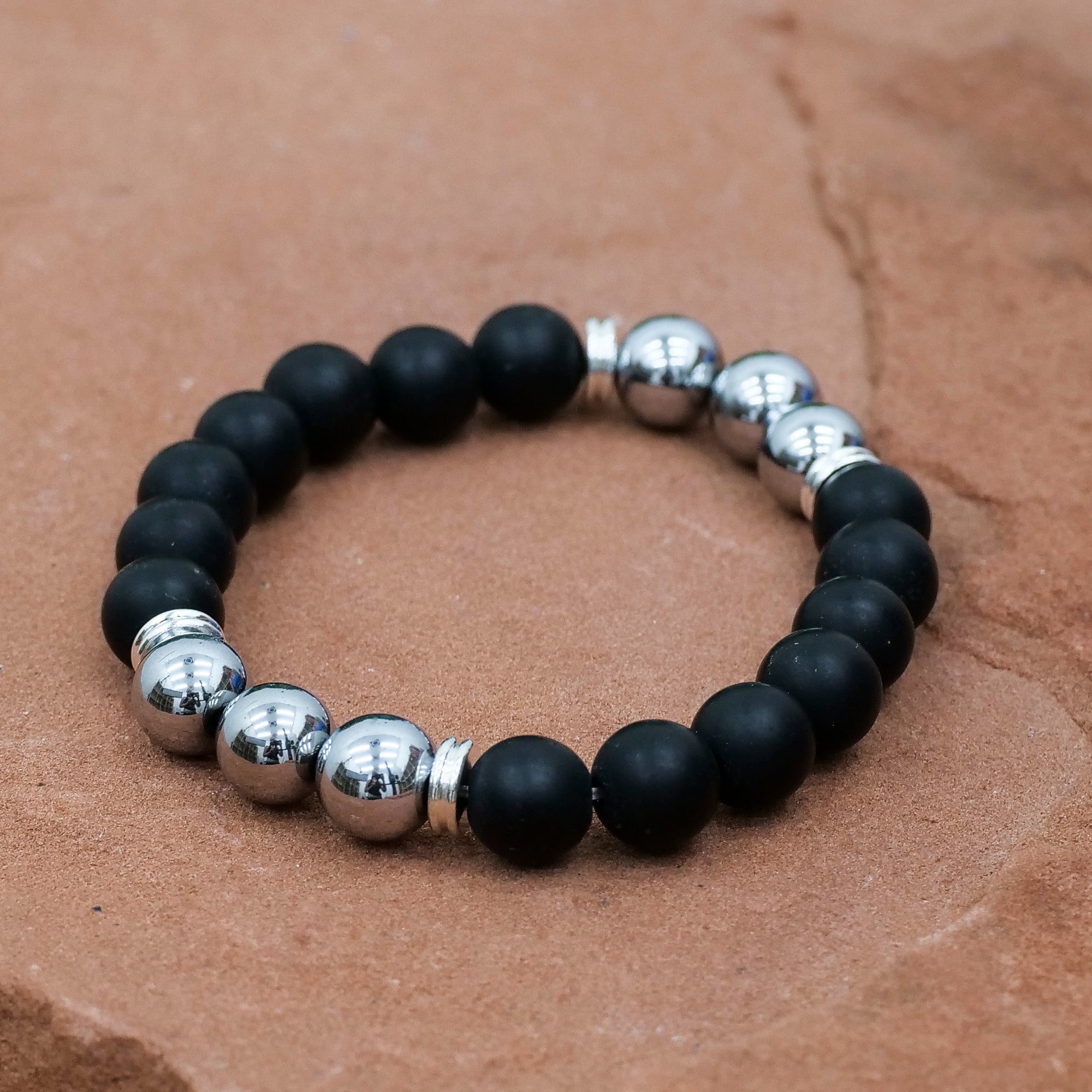 Mens Gemstone Bracelet Jewelry: Bracelet Milk and Honey Black Matte Agate/Silver