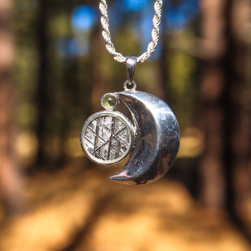 Meteorite and Moldavite Moon Pendant