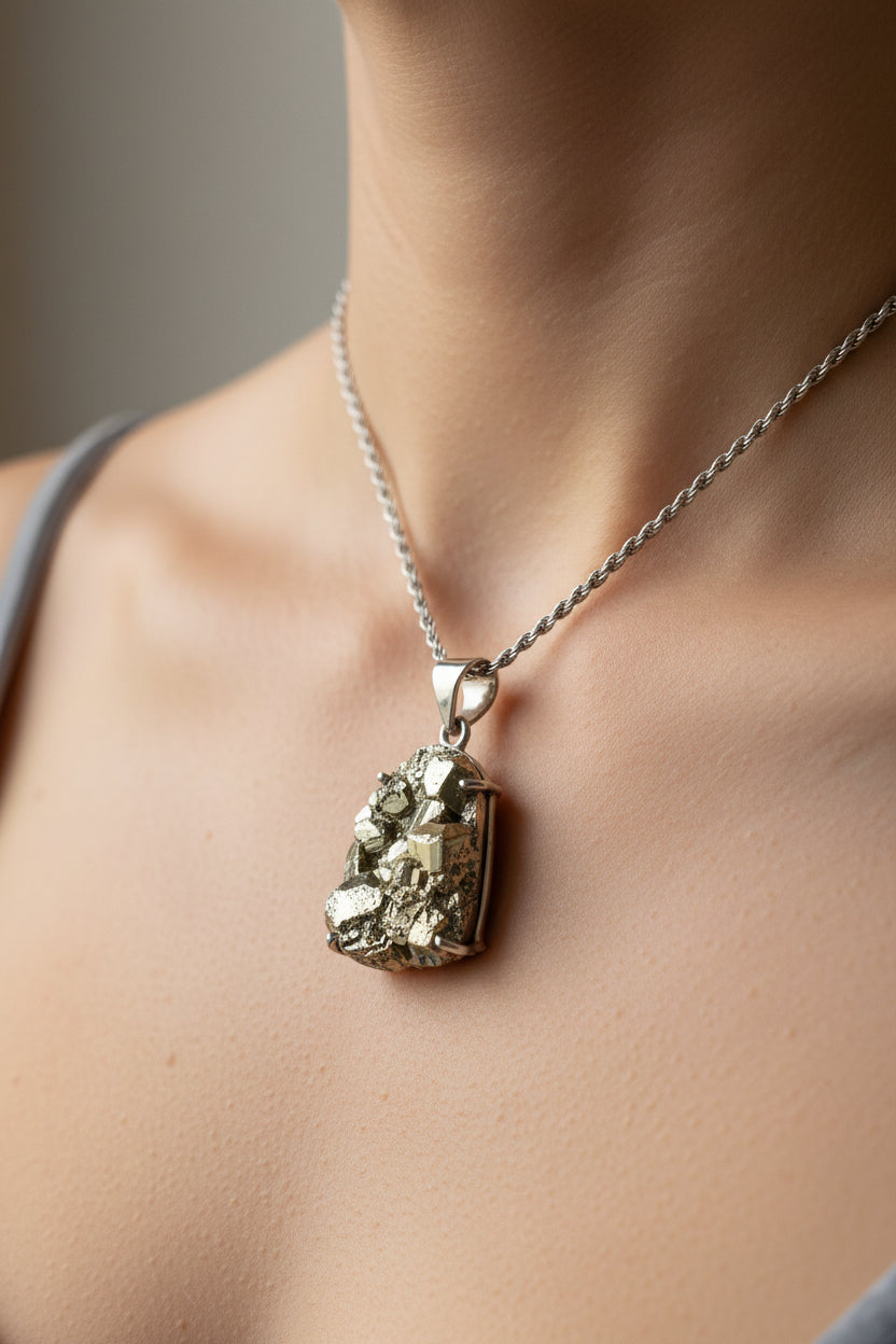 Silver pendant on a chain against a blurred green natural background