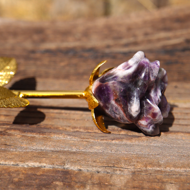 Amethyst Chevron Carved Rose with Stem