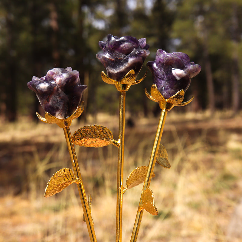 Amethyst Chevron Carved Rose with Stem