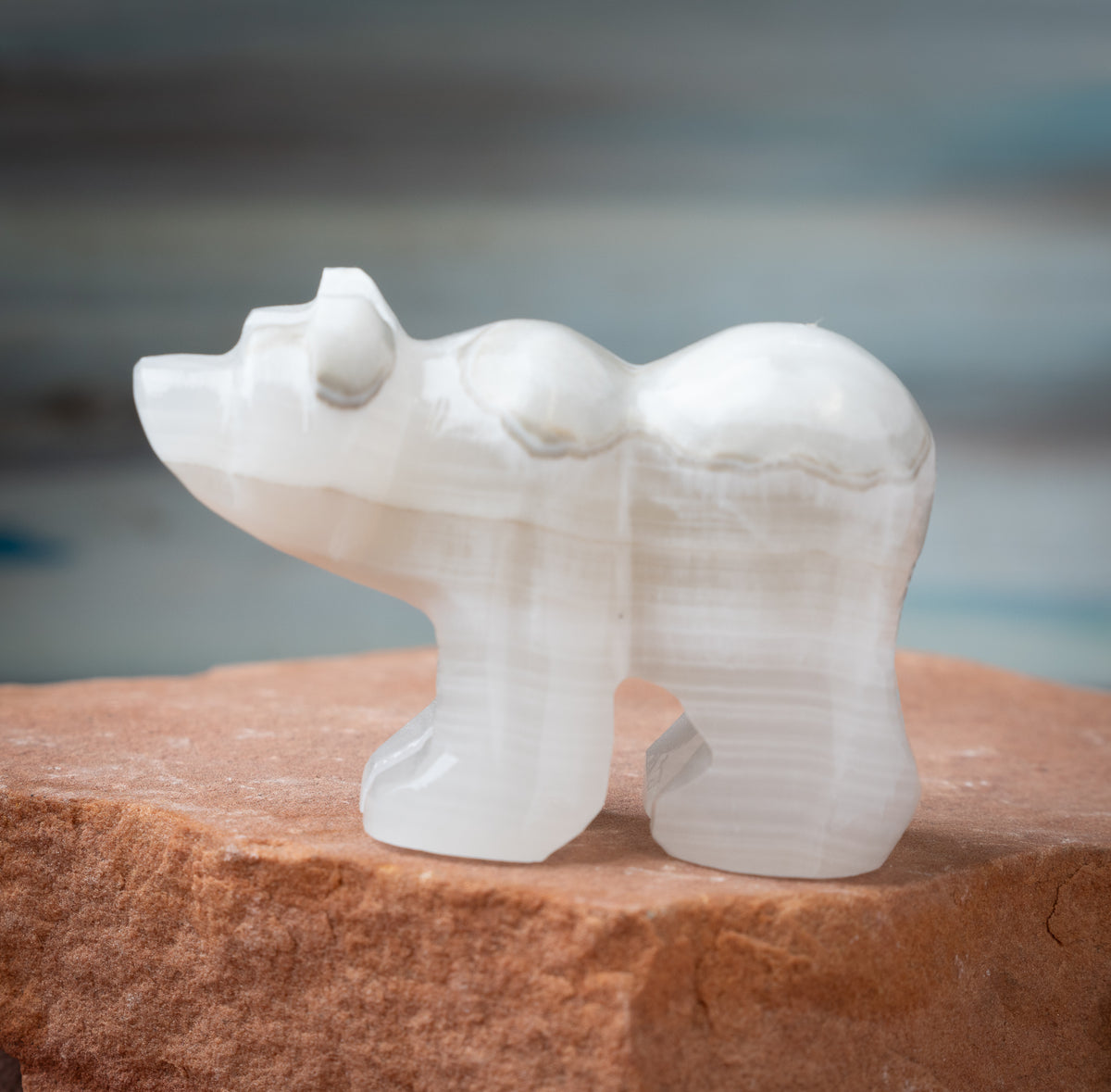 White Aragonite Bear Carving