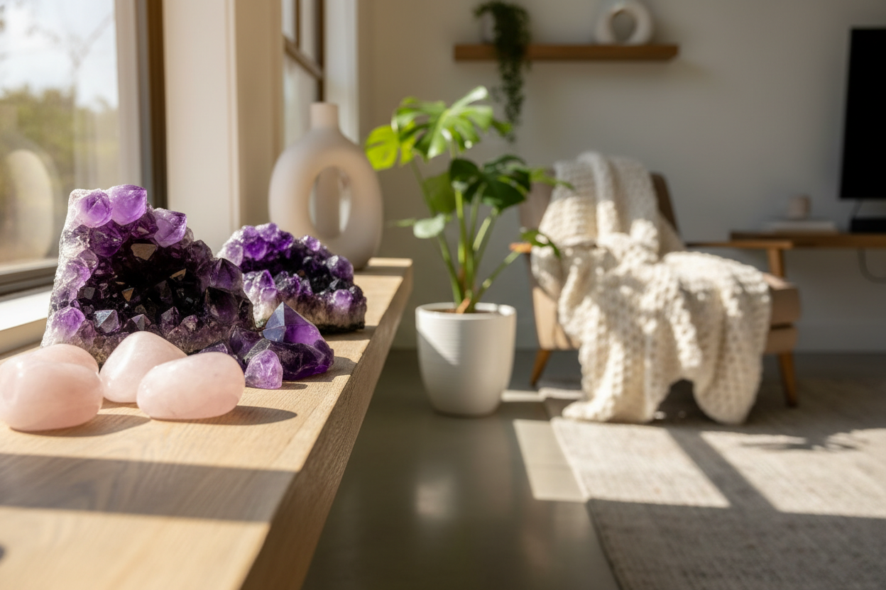 A lifestyle photo of some beautiful amethyst and rose quartz crystals inside a home