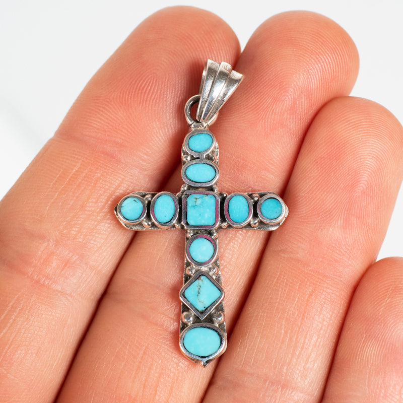 Turquoise with Silver Cross Pendant Jewelry: Pendant Southwest Jewelry 