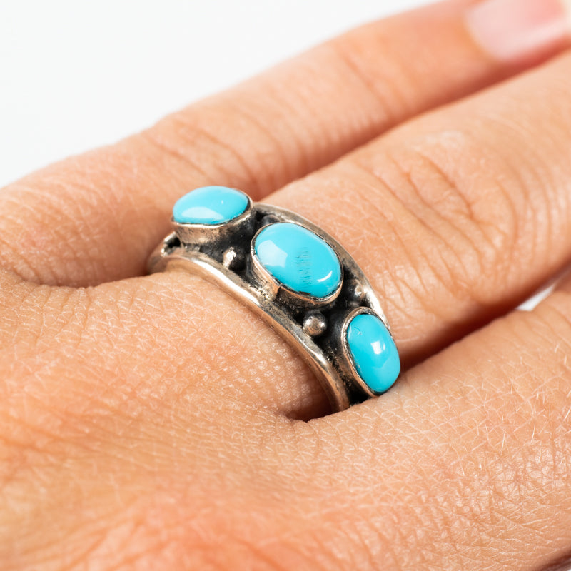 Turquoise and Sterling Silver Botanical Old Pawn Ring Size 13 - Bohemian  Southwestern Men's Vintage Ring