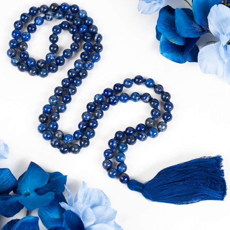 Lapis Lazuli 108 Beads Mala Jewelry: Mala Braja-Silver Impressions 