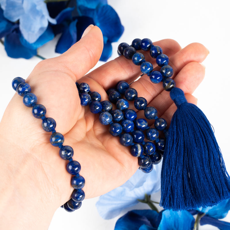 Lapis Lazuli 108 Beads Mala Jewelry: Mala Braja-Silver Impressions 