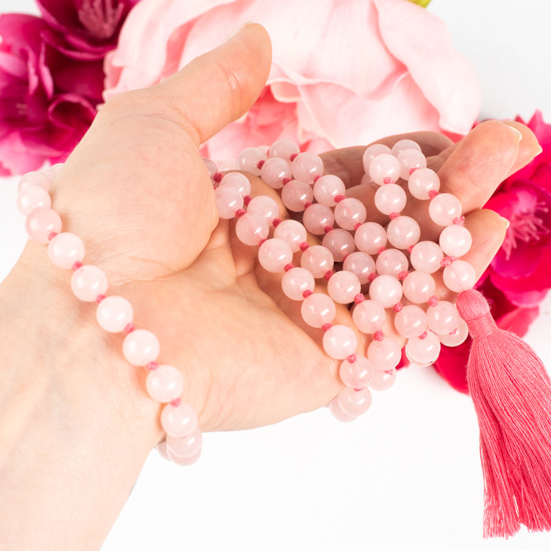Rose Quartz 108 Beads Mala Jewelry: Mala Braja-Silver Impressions 