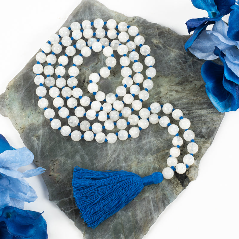 Moonstone 108 Bead Mala Jewelry: Mala Braja-Silver Impressions 