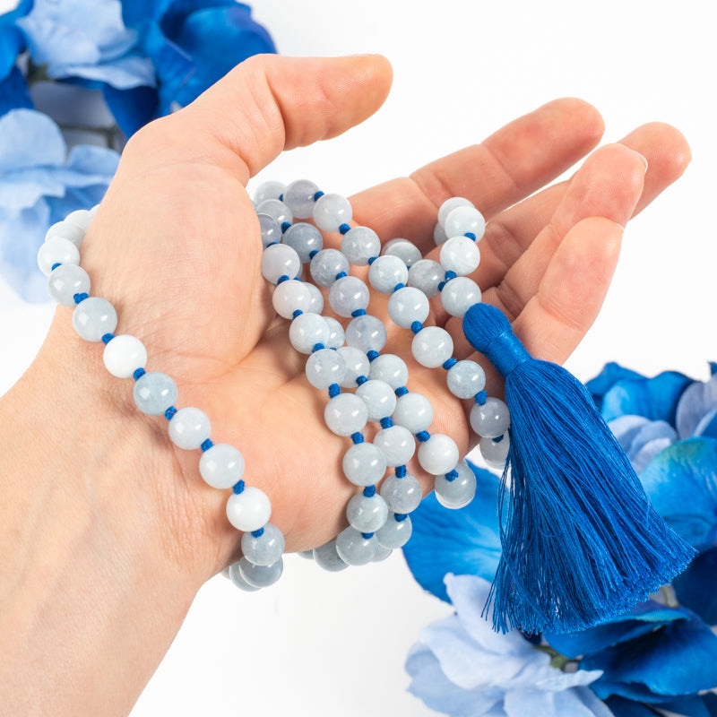 Aquamarine 108 Beads Mala Jewelry: Mala Braja-Silver Impressions Blue Thread 