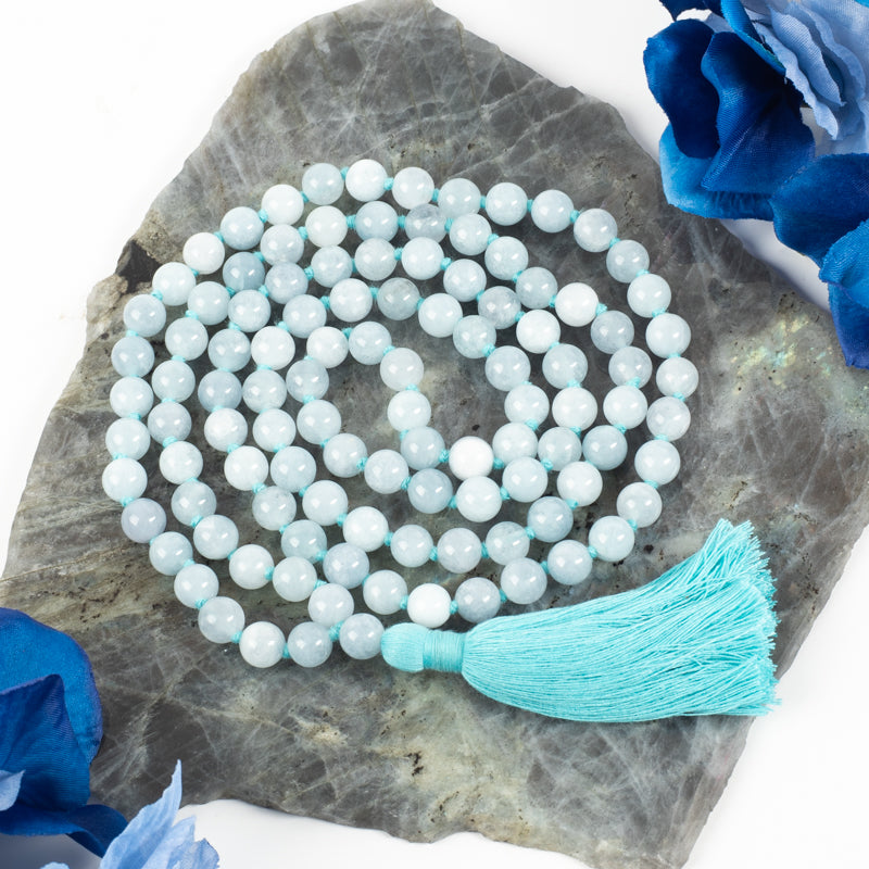 Aquamarine 108 Beads Mala Jewelry: Mala Braja-Silver Impressions 