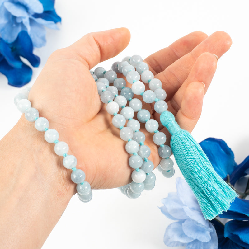 Aquamarine 108 Beads Mala Jewelry: Mala Braja-Silver Impressions Light Blue Thread 