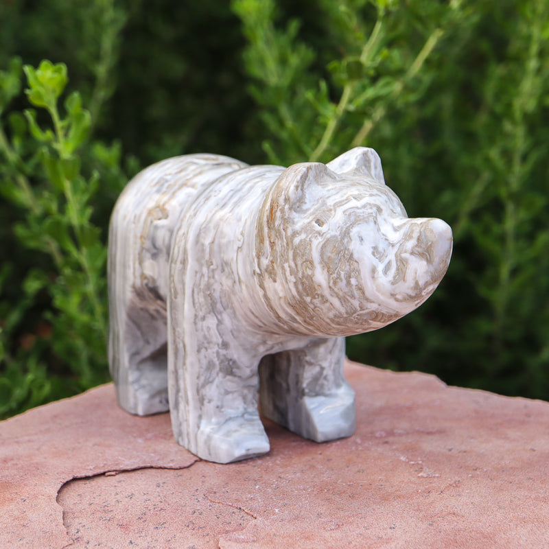 White Aragonite Bear Carving